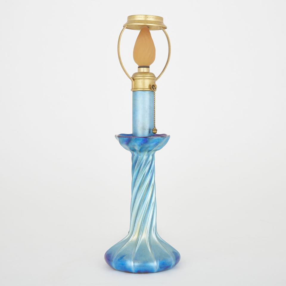 Tiffany Favrile Iridescent Blue Glass Candlestick Lamp, early 20th century