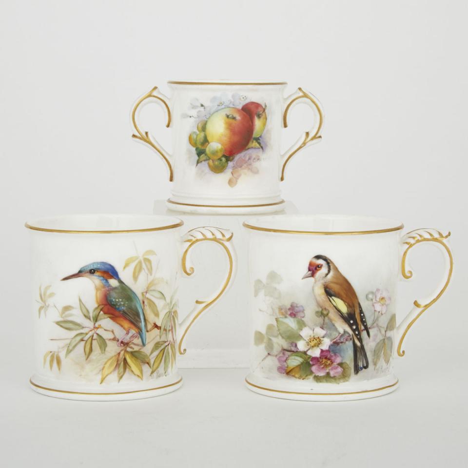Pair of Royal Worcester ‘Kingfisher’ and ‘Goldfinch’ Small Mugs, William Powell, 1916 and a Fruit Painted Two-Handled Cup, George Moseley, 1921