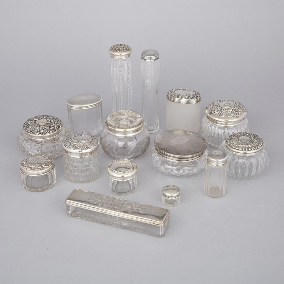 Fifteen English and North American Silver Covered Cut Glass Dressing Table and Toilet Jars, late 19th/20th century