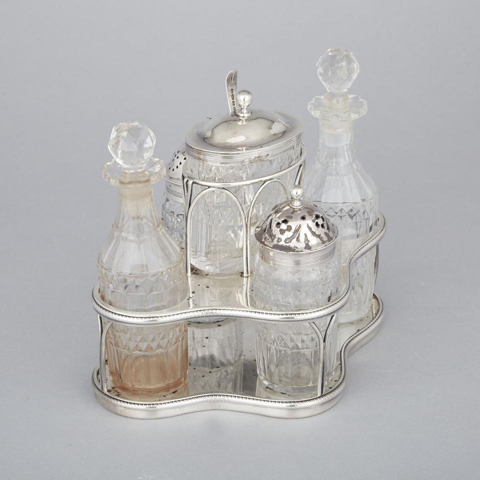 George III Silver and Cut Glass Five-Bottle Cruet, James Mince, London, 1799