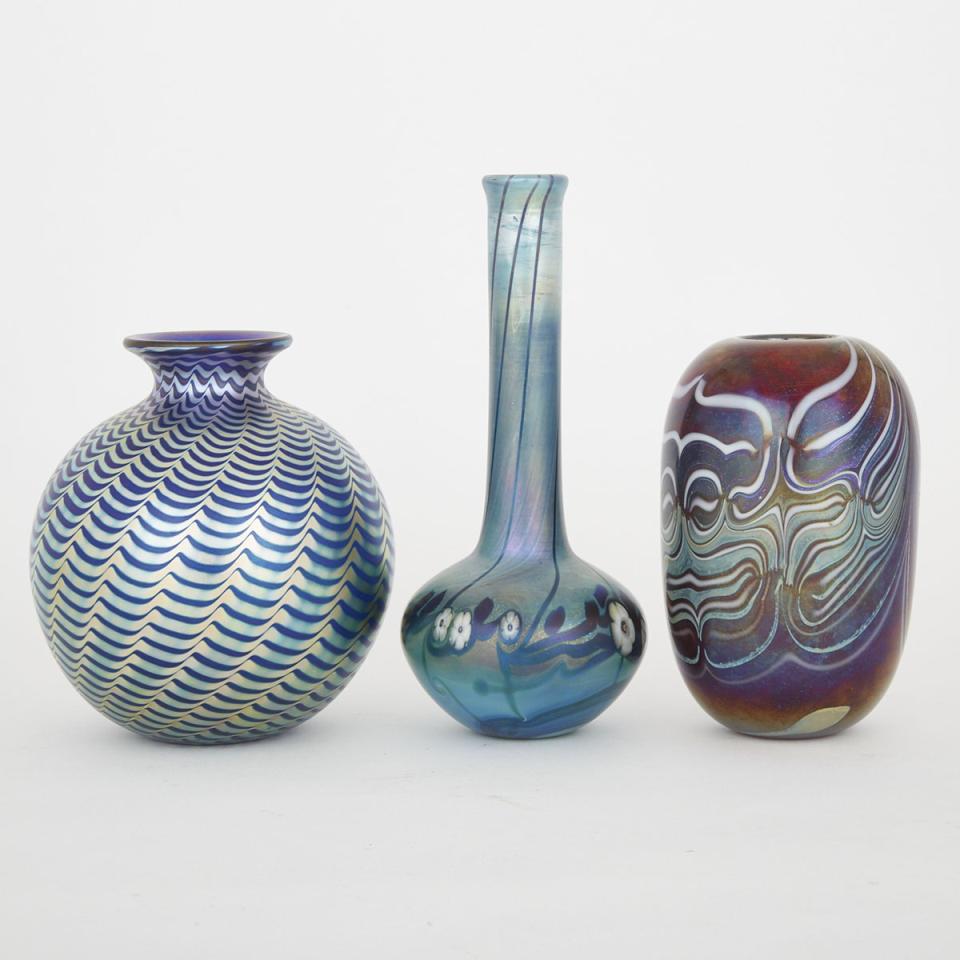 Robert Held and Two Other Decorated Iridescent Studio Glass Vases, c.1980