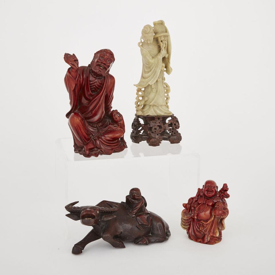 Two Soapstone Carvings together with Two Wood Carvings