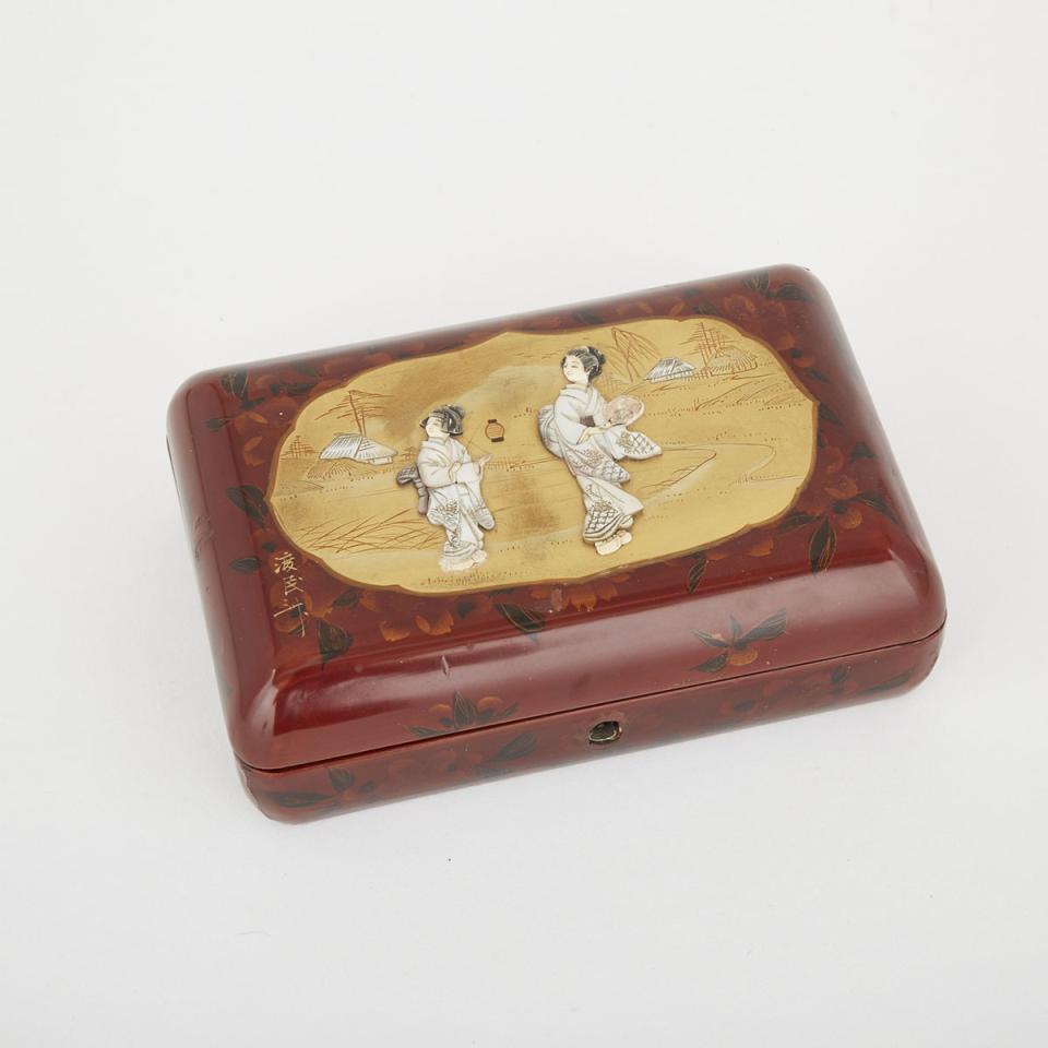 A Japanese Mother of Pearl and Ivory Inlaid Lacquer Box, Early 20th Century