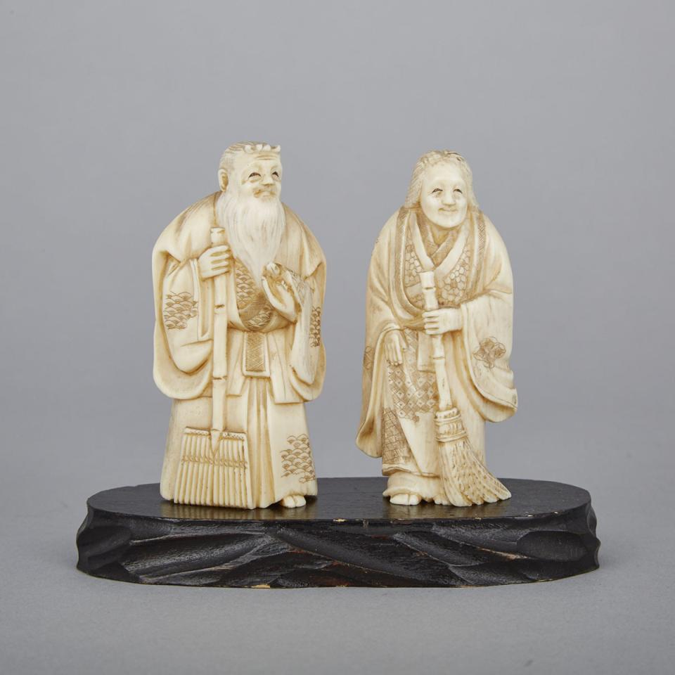 Two Small Ivory Okimono of an Elderly Couple, Early 20th Century