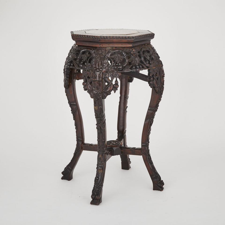 A Marble Inlaid Carved Wood Stool