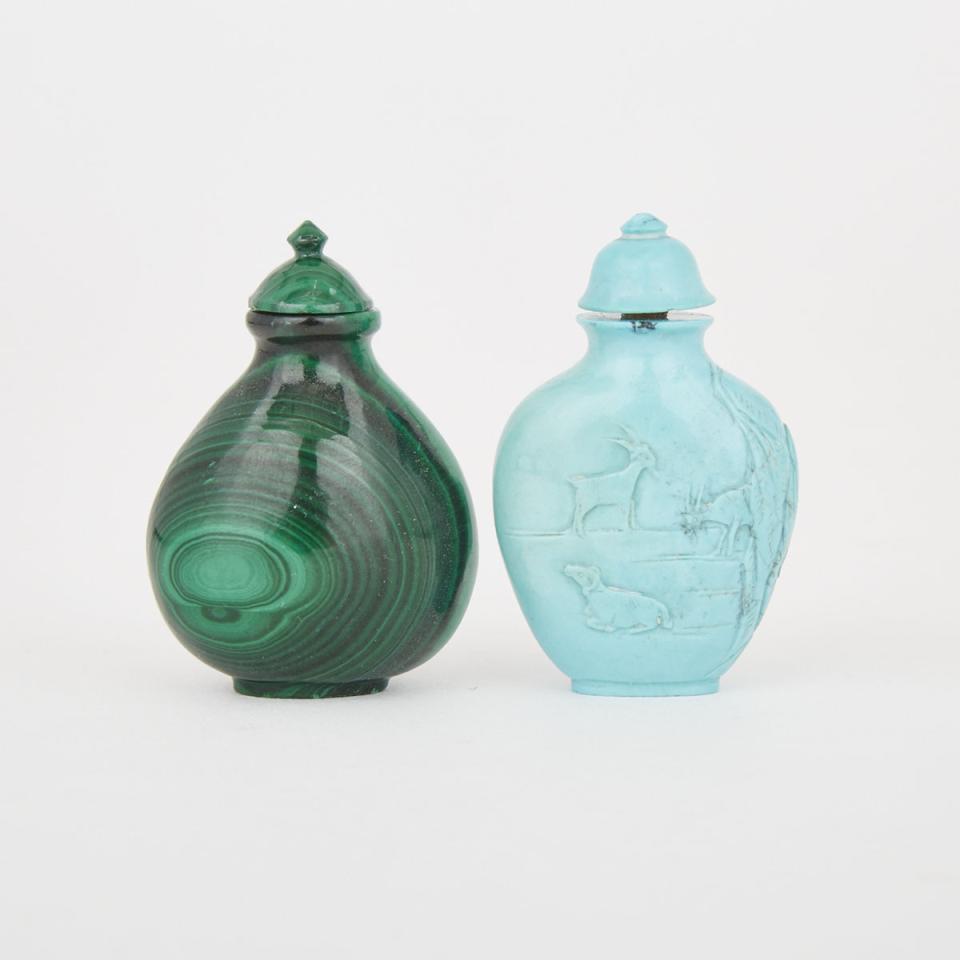 A Miniature Malachite Snuff Bottle and a Miniature Turquoise Snuff Bottle, Early 20th Century