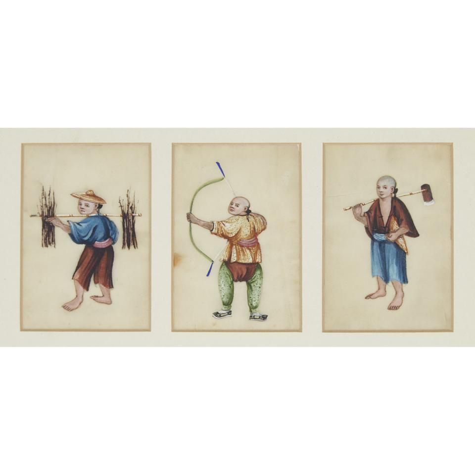 A Chinese Export Pith Paper Painting Triptych 
