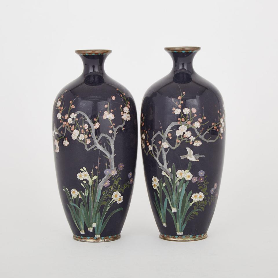 A Pair of Navy-Ground Cloisonné Vases