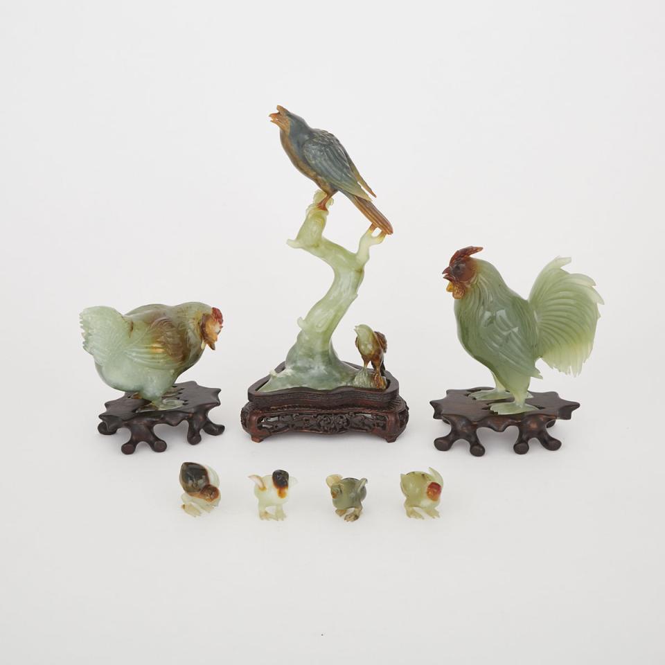 A Group of Seven Hardstone Birds 