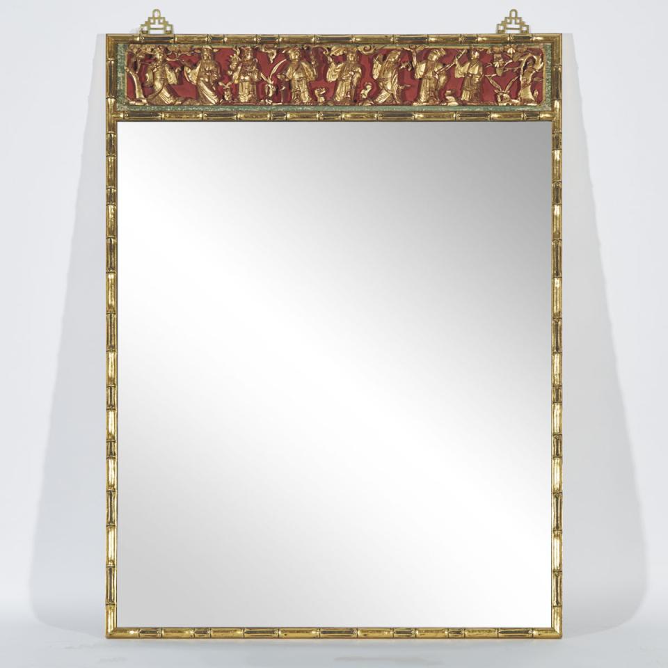 A Mirror with a Gilt Wood ‘Eight Immortals’ Carved Panel, 19th Century (Carving), Mirror Later