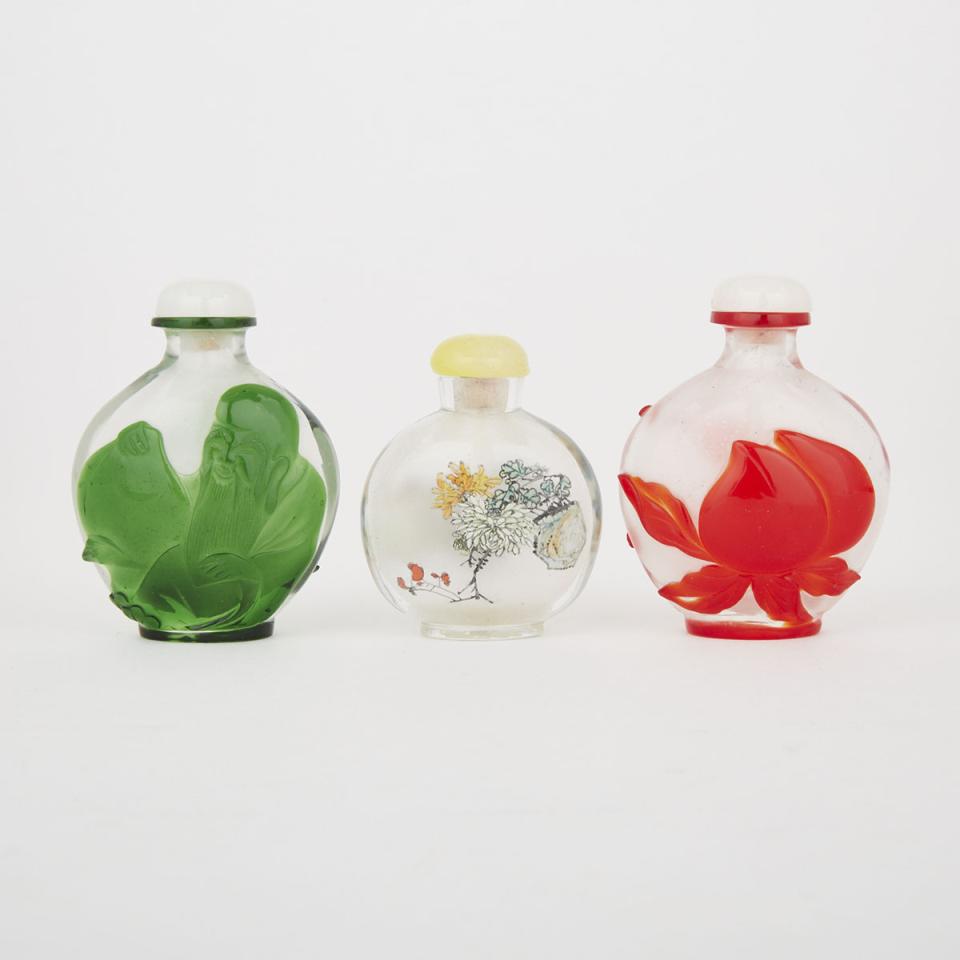 Two Peking Glass Snuff Bottles together with an Interior Glass Painted Snuff Bottle