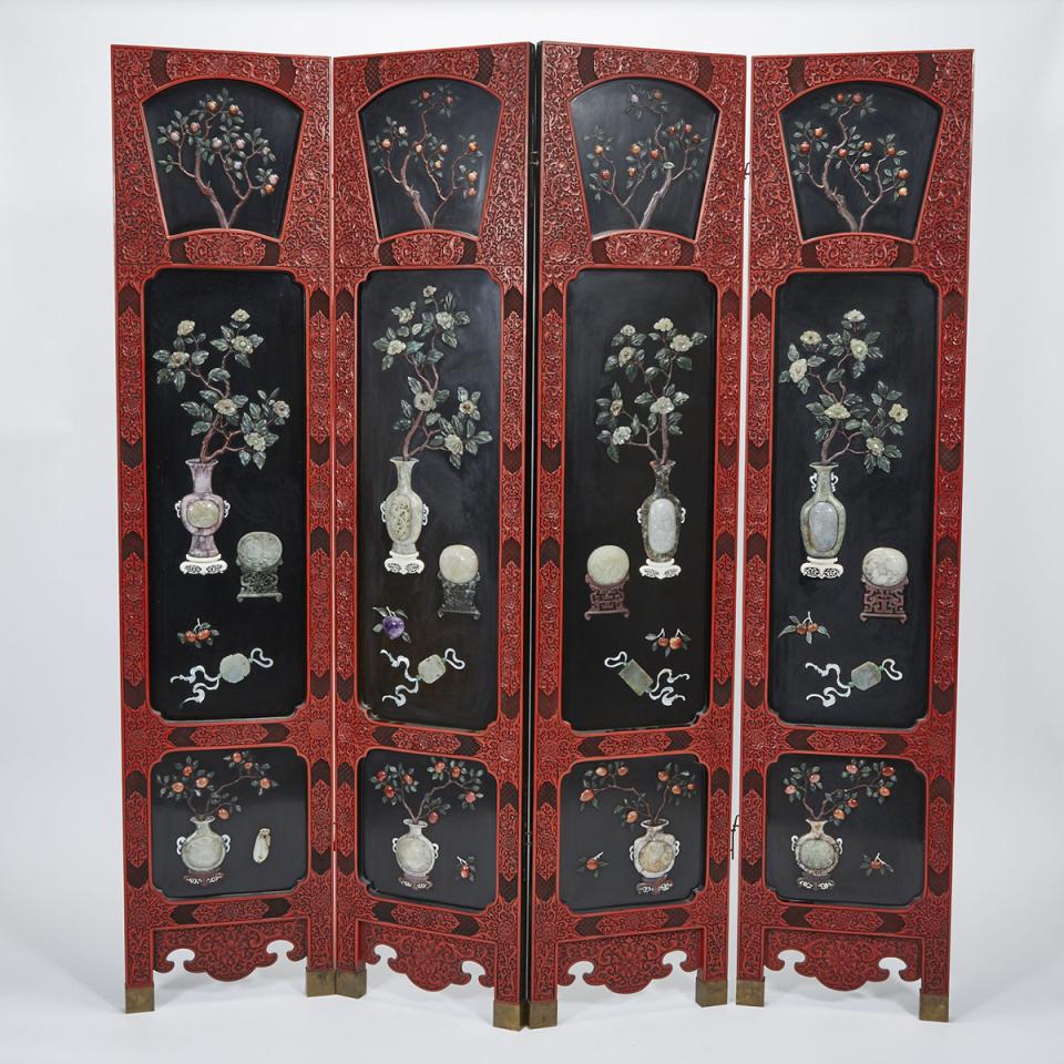 A Cinnabar Lacquered Jade and Hardstone Inlaid Four- Panel Screen, Early 20th Century