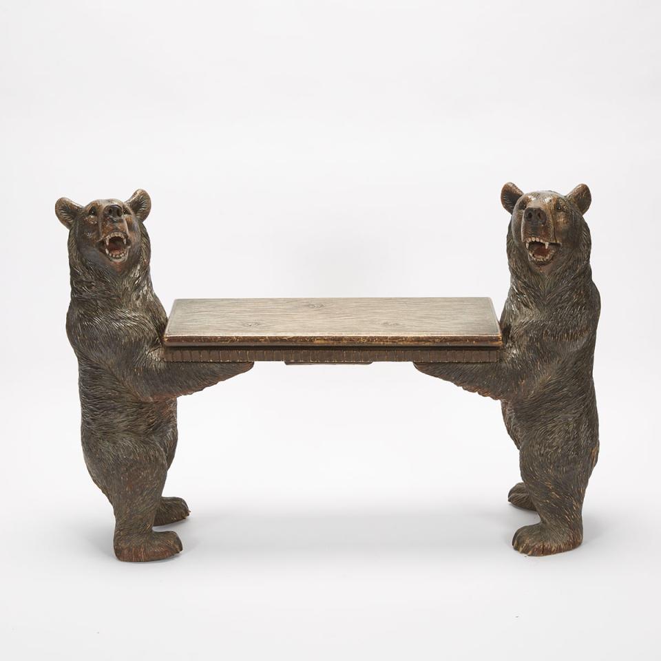 Swiss Black Forest Carved LIndenwood Bear Form Musical Bench, 19th/20th century