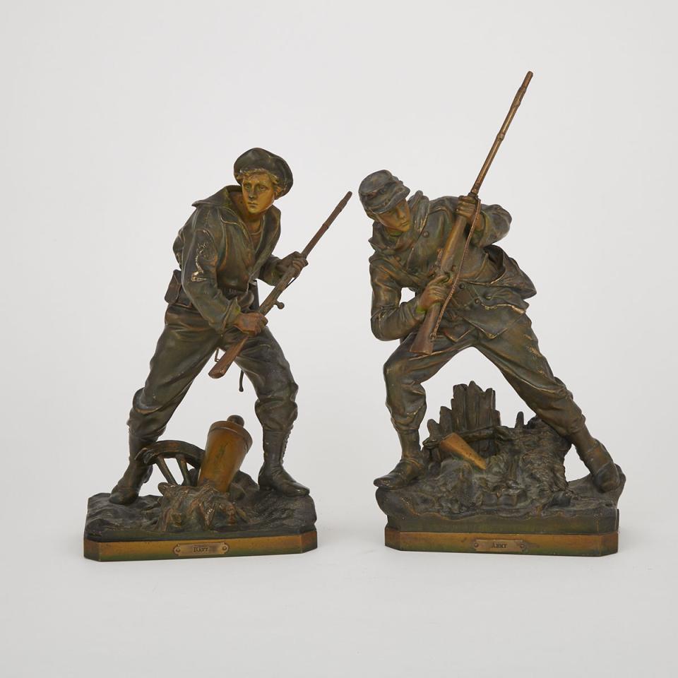 Pair of American Civil War Patinated Metal Figures of ‘Army’ and ‘Navy’ by Bradley and Hubbard Mfg., Meridan, Connecticut,  late 19th century