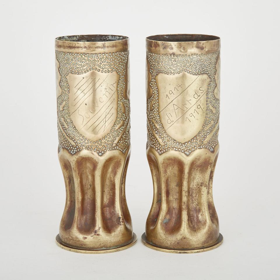 Pair of French ‘Trench Art’ German Mortar Shell Casing Vases, 1917