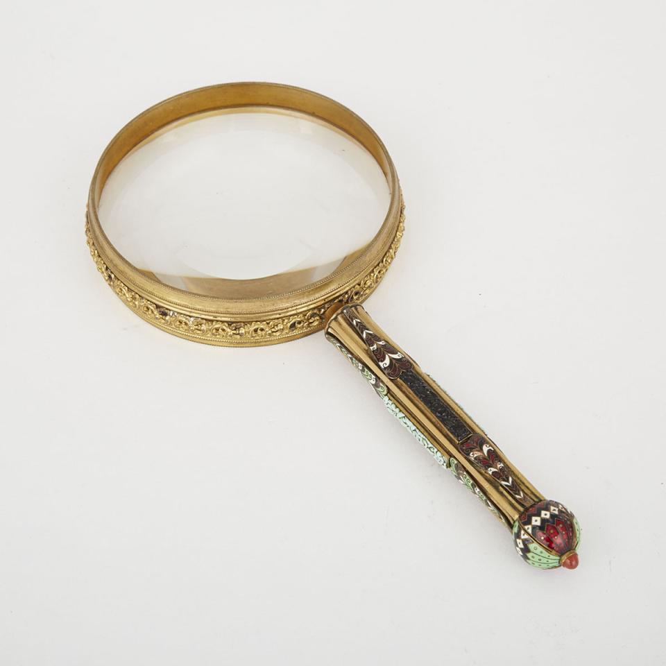 Cloisonné Enamelled Gilt Metal Magnifying Glass, early 20th Century