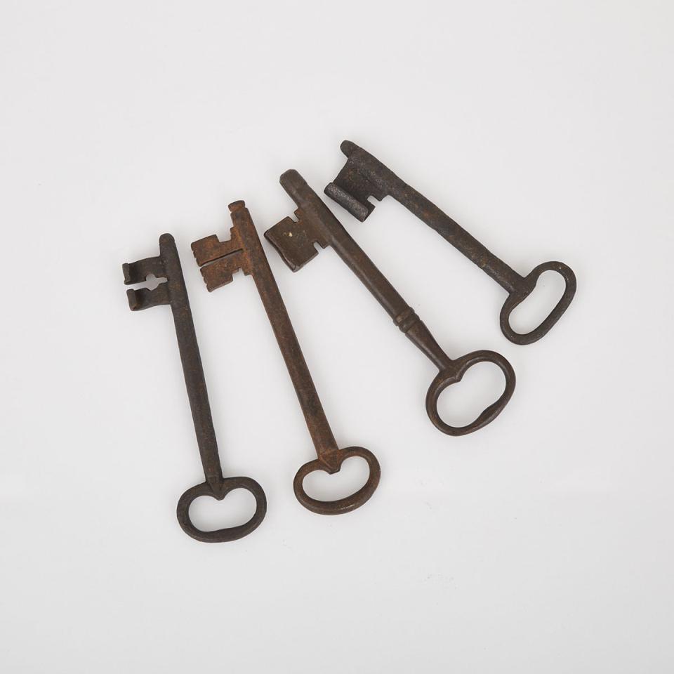 Four Iron Large Lever Tumbler  Lock Keys, 18th/early 19th centuries