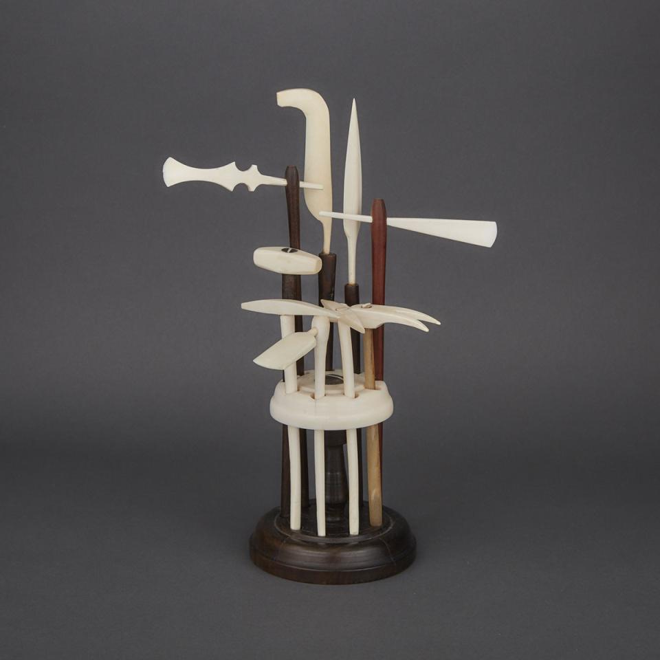 Miniature Set of Ivory, Ebony and Horn Implements on Stand, mid-19th century