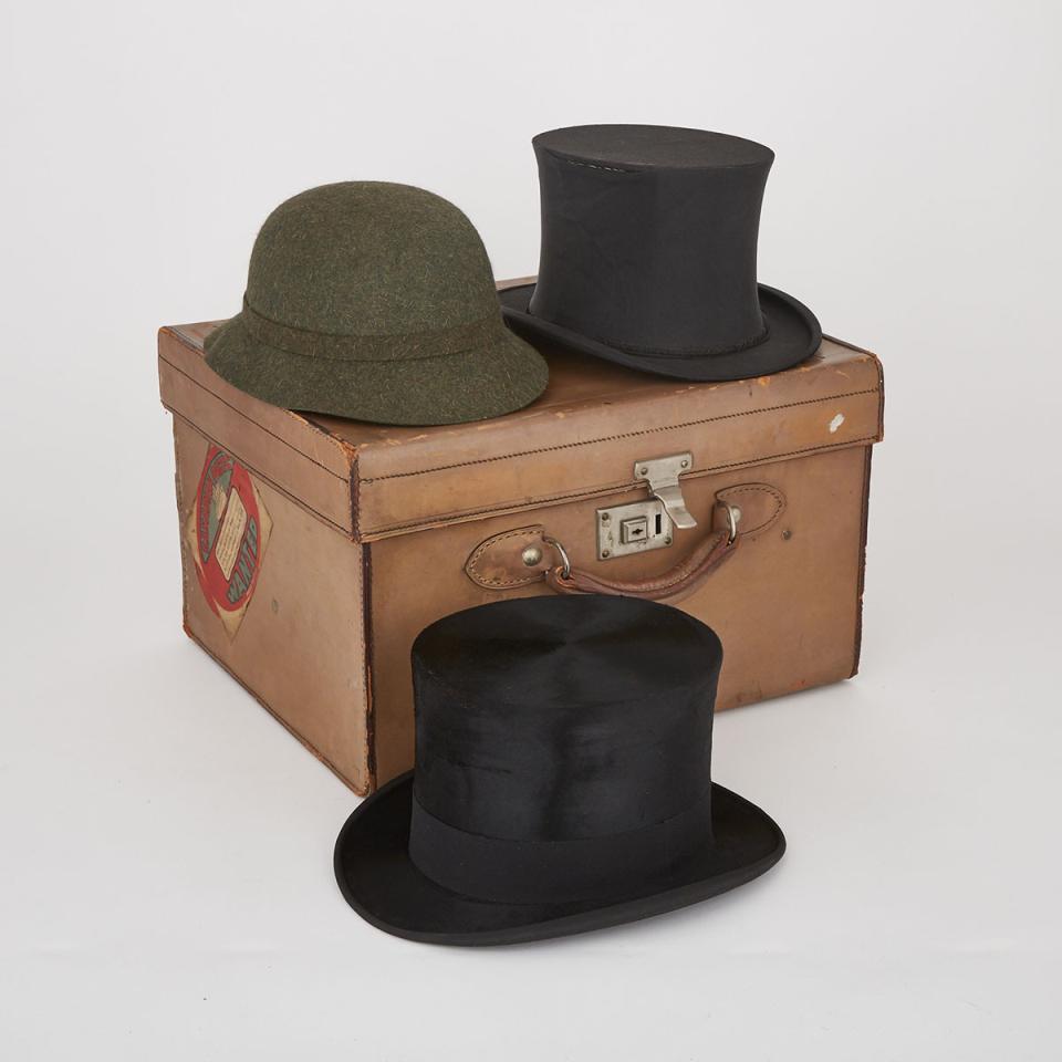 Three Men’s Hats: A Silk Plush Top Hat, an Silk Opera Top Hat, and a Beaver Felt Grouse Hat, c.1930