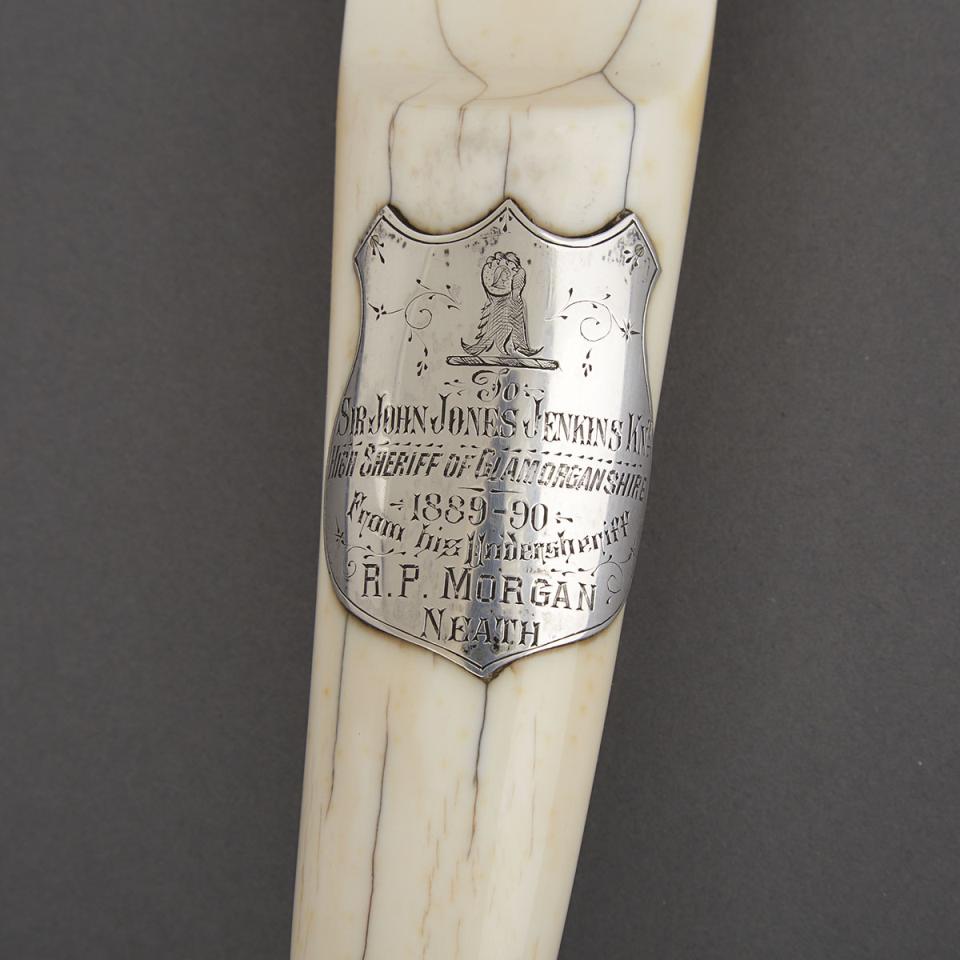 Victorian Silver Mounted Presentation Elephant Tusk Paper Knife, 1890