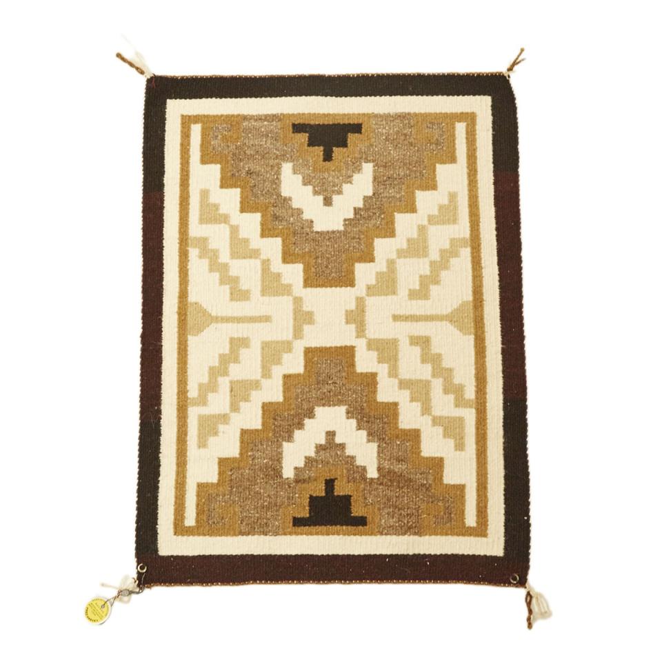 Two Grey Hills Navajo Mat by Elaine Barber, 20th century, with Fred Harvey tag