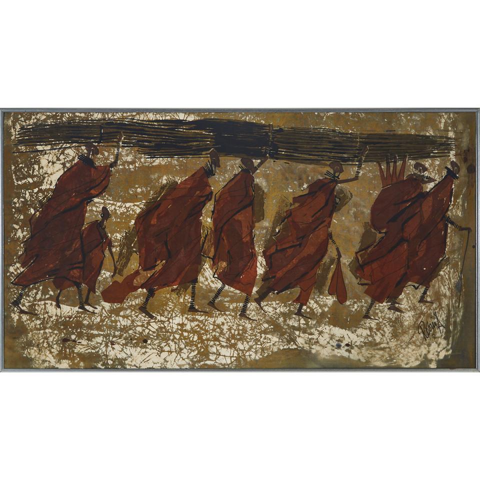 Indistinctly Signed A. Robin ?, 20th century, UNTITLED; AFRICAN FIGURES CARRYING BRANCHES