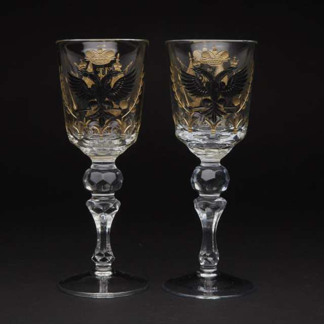 Pair of Russian Cut, Engraved, Enameled and Gilt Glass Goblets, 20th century