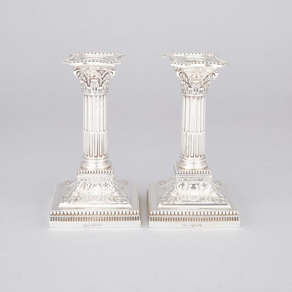 Pair of Late Victorian Silver Corinthian Columnar Candlesticks, James Dixon & Sons, Sheffield, 1896