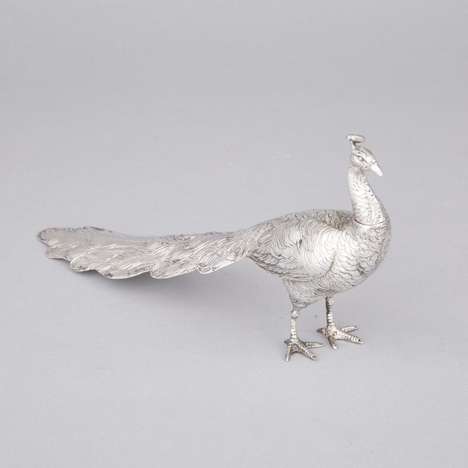 German Silver Model of a Peacock, Neresheimer & Söhne, Hanau, early 20th century
