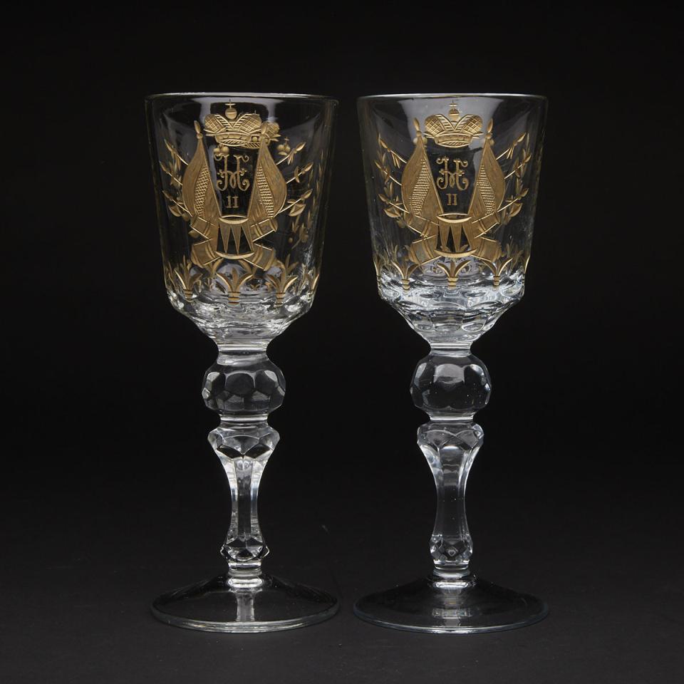 Pair of Russian Cut, Engraved, Enameled and Gilt Glass Goblets, 20th century