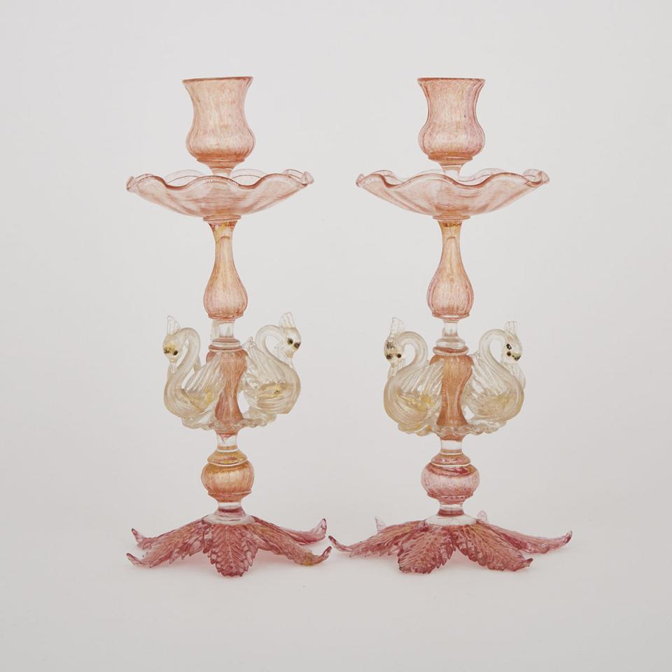 Pair of Venetian Pink Glass Table Candlesticks, 20th century