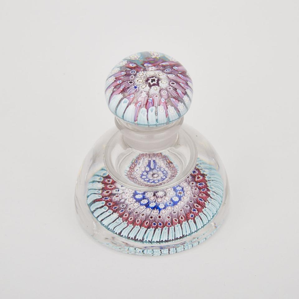 English Concentric Millefiori Glass Ink Bottle with Stopper, probably Arculus or Walsh Walsh, early 20th century