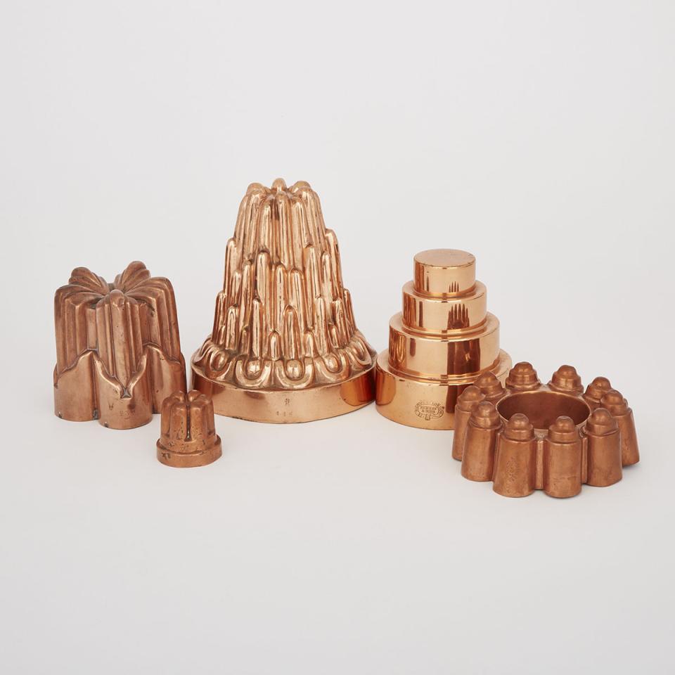 Group of Five English Copper Jelly Moulds, 19th century