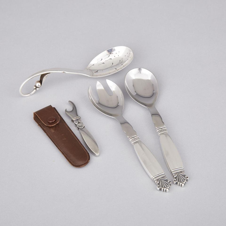 Danish Silver Pierced Spoon, #21, Pair of ‘Acanthus’ Pattern Small Salad Servers and ‘Cactus’ Pattern Bottle Opener, Georg Jensen, Copenhagen, c.1933-44