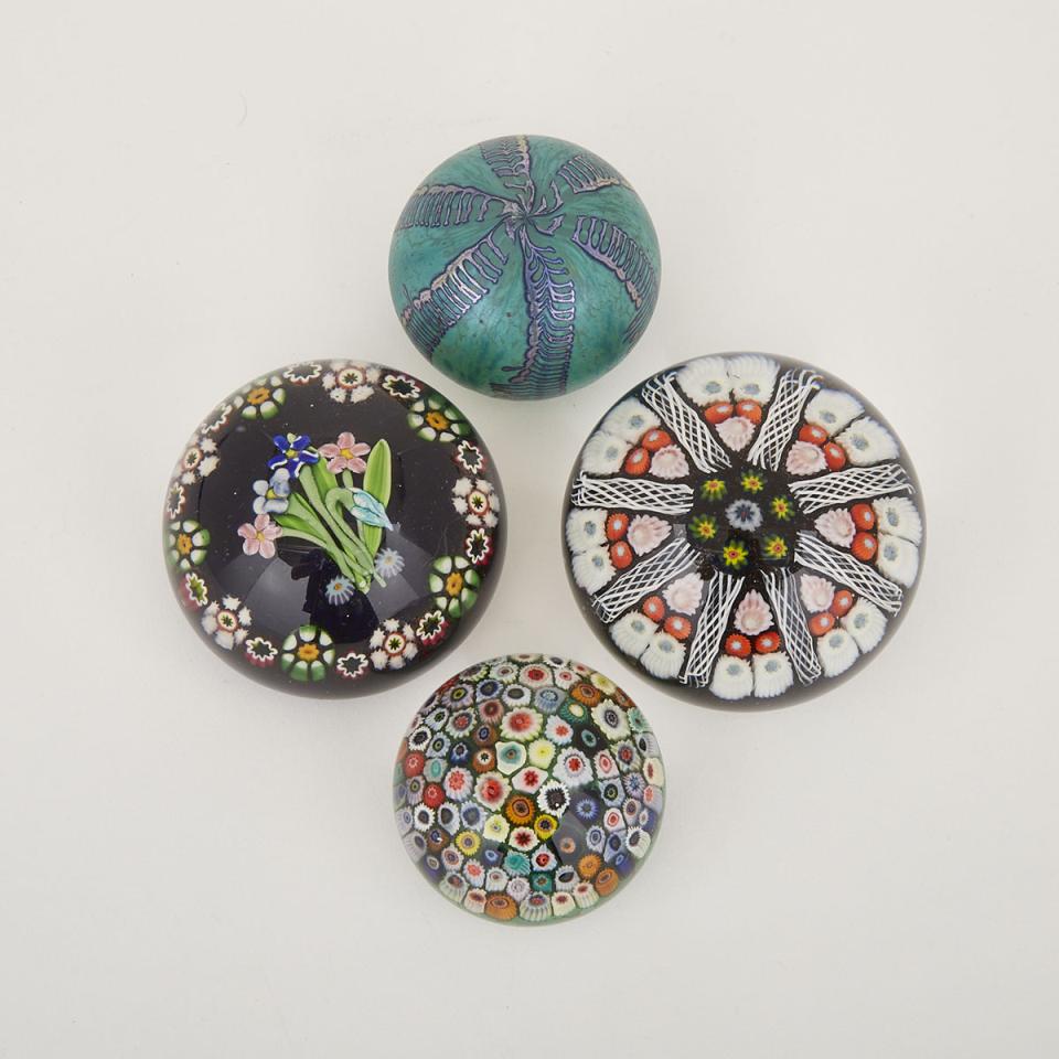 Four Glass Millefiori and Iridescent Paperweights, 20th century 