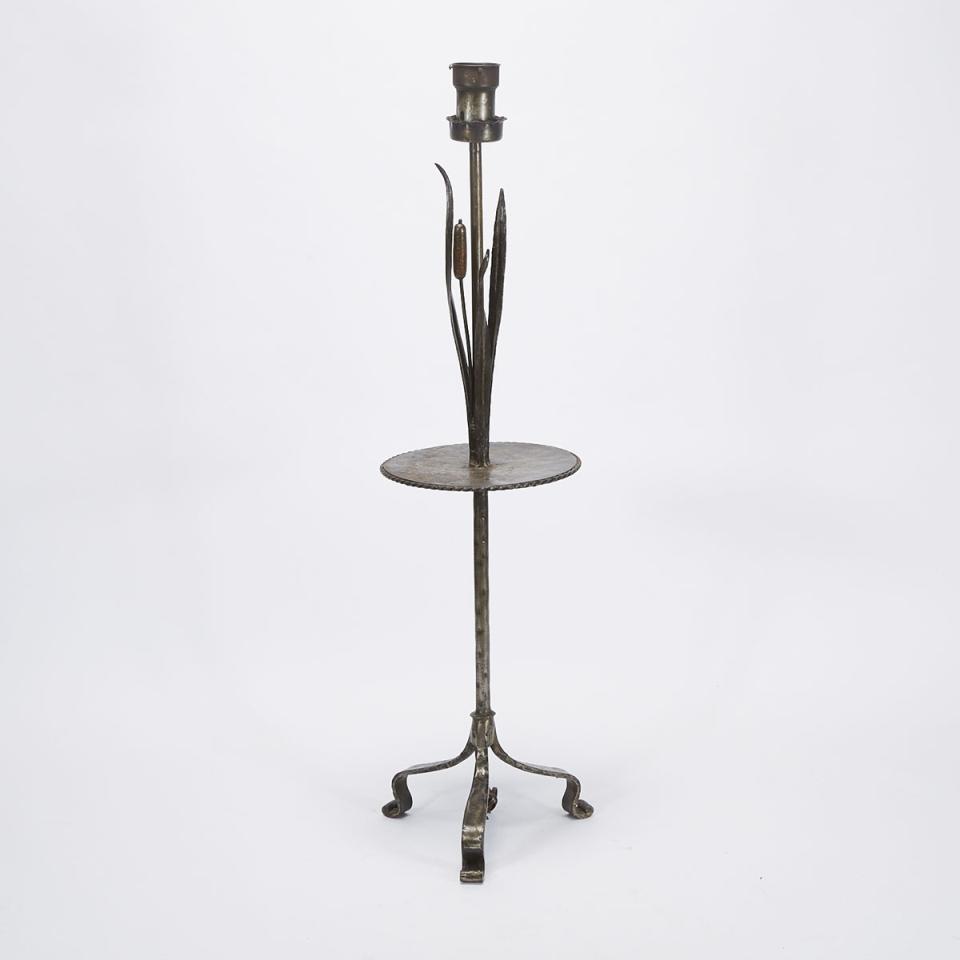 Wrought Iron Bullrush Form Floor Lamp with Table, mid 20th century