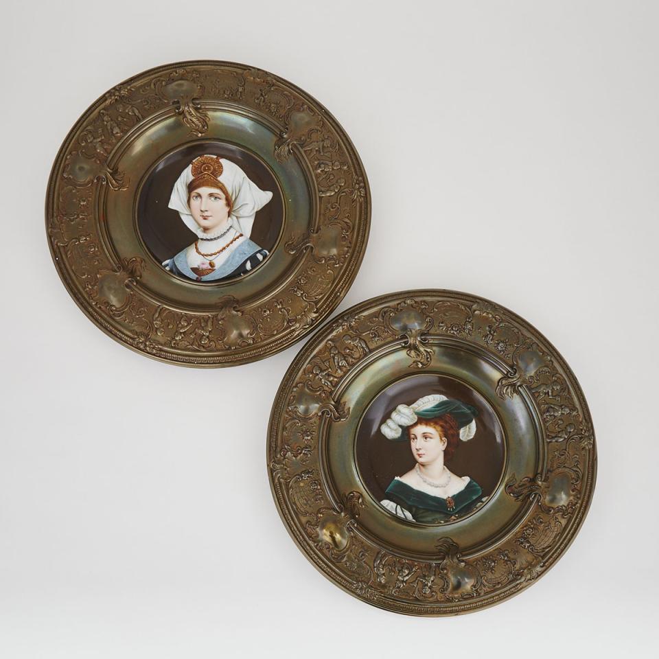 Pair of Patinated Brass Framed German Porcelain Portrait Plates, late 19th century