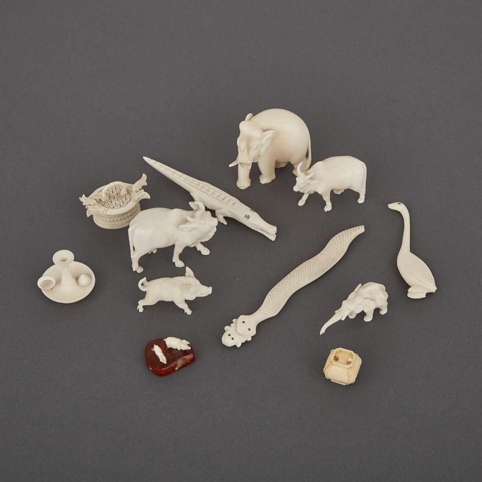 Group of Miniature Carved Ivory Animals and Novelties., 19th century