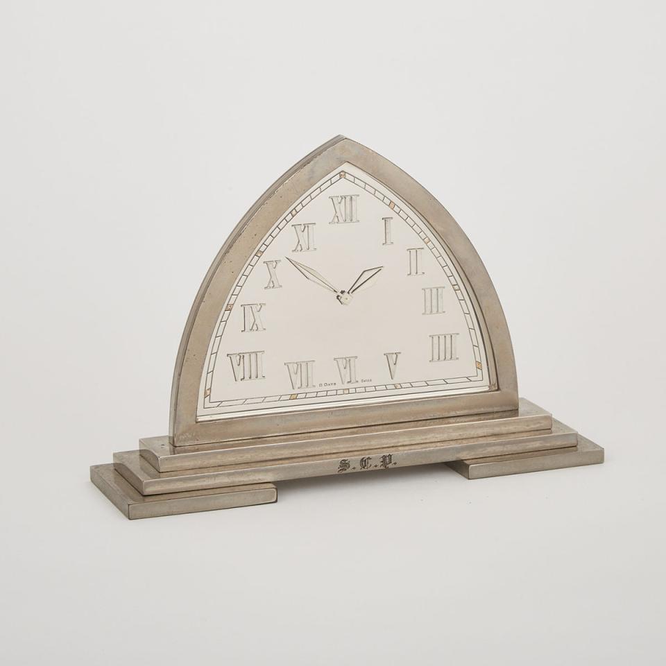 Swiss Gothic Art Deco Nickel Desk Clock, 1929