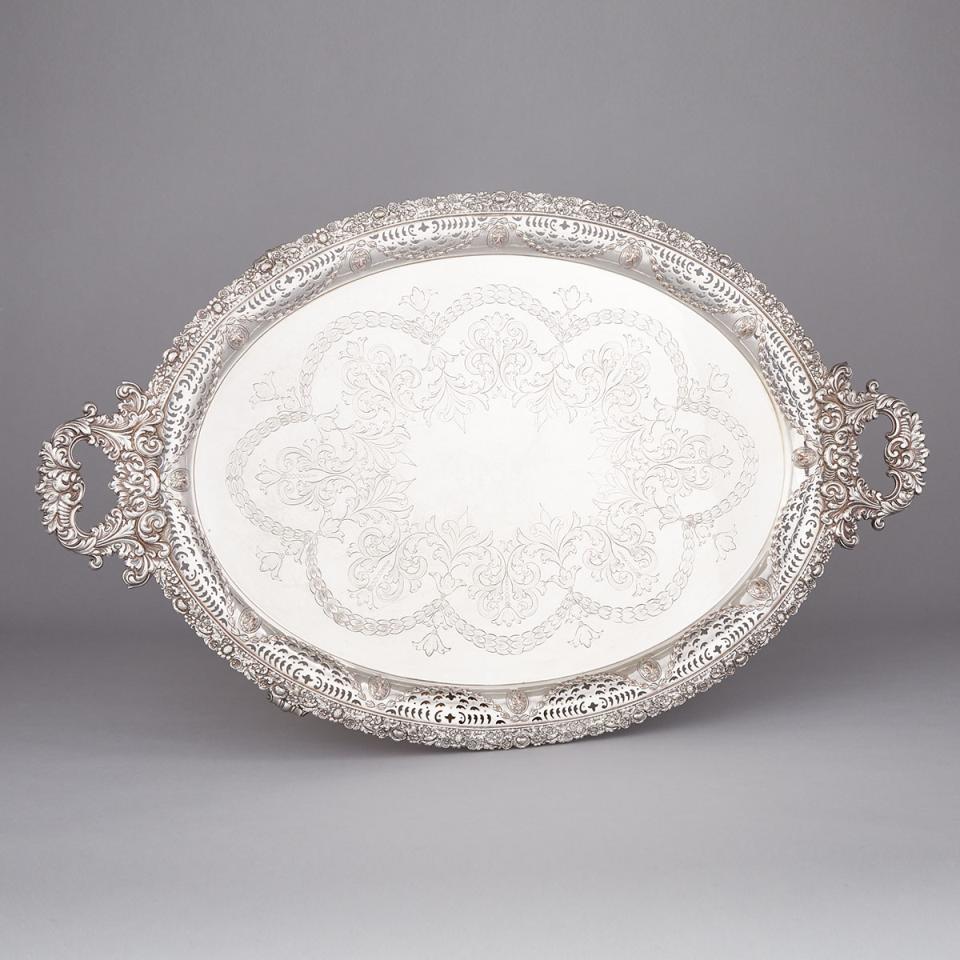 English Silver Plated Oval Two-Handled Serving Tray, Ellis-Barker Silver Co., 20th century
