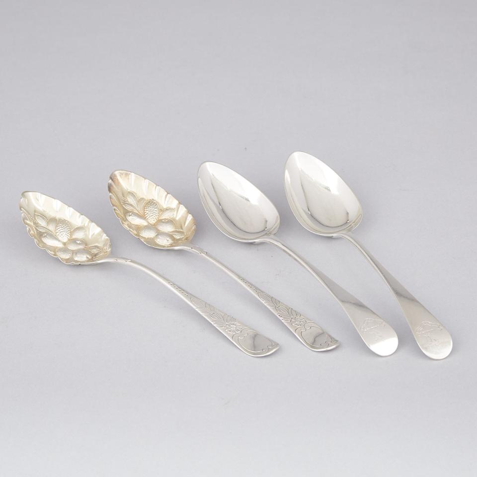 Pair of George III Silver Old English Pattern Table Spoons and a Pair of Berry Spoons, Peter, Ann & William Bateman, London, 1799/1803