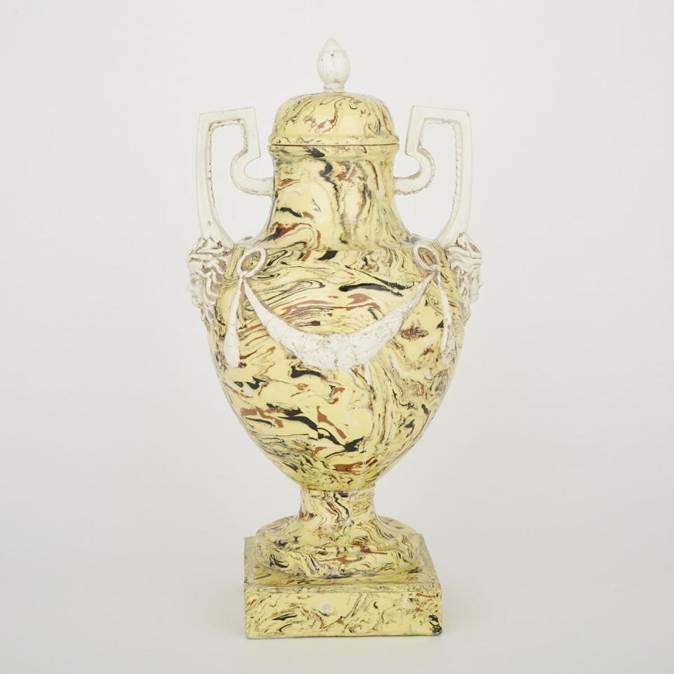 Continental Yellow Marbled and Cream Glazed Earthenware Two-Handled Urn with Cover, 19th century