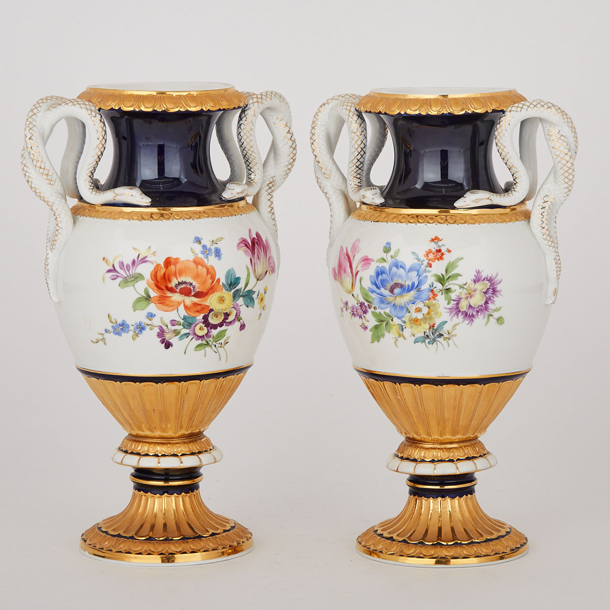Pair of Meissen Floral Decorated Two-Handled Vases, 20th century