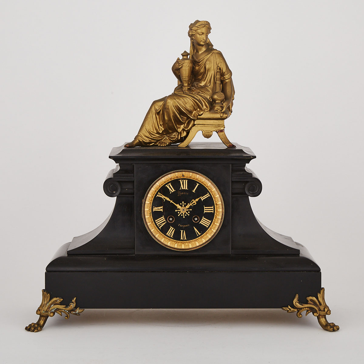 French Neo-Grec Belgian Black Slate and Gilt Metal Figural Mantle Clock, c.1880