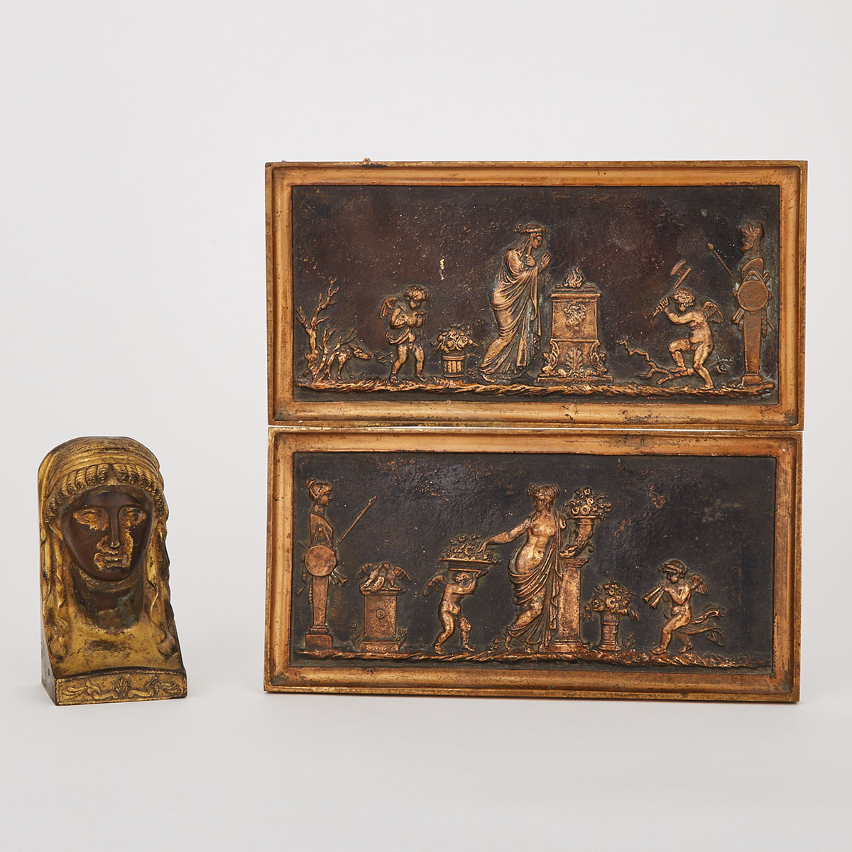 Pair of Neoclassical Gilt and Patinated Bronze Relief Panels, c.1900
