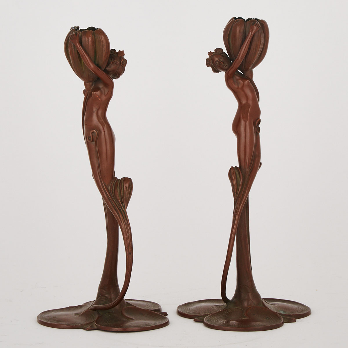 Pair of Bergman Art Nouveau Patinated Bronze Figural Candlesticks, c.1900