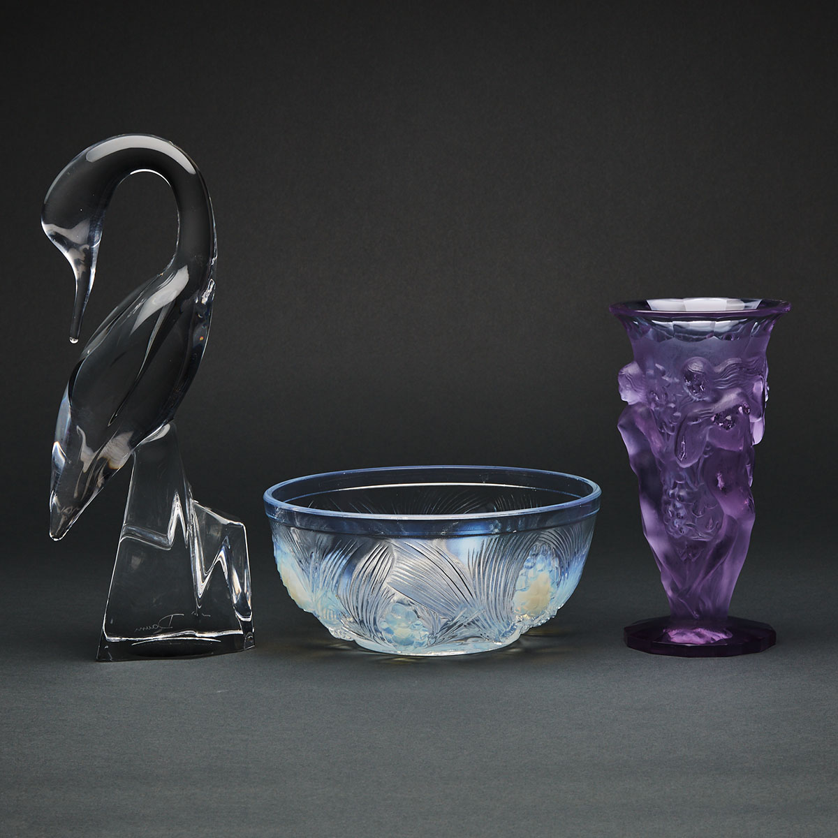 Daum Glass Bird Sculpture, Jobling Moulded Opalescent ‘Fircone’ Bowl and Moser-Type Moulded and Frosted Vase, 20th century