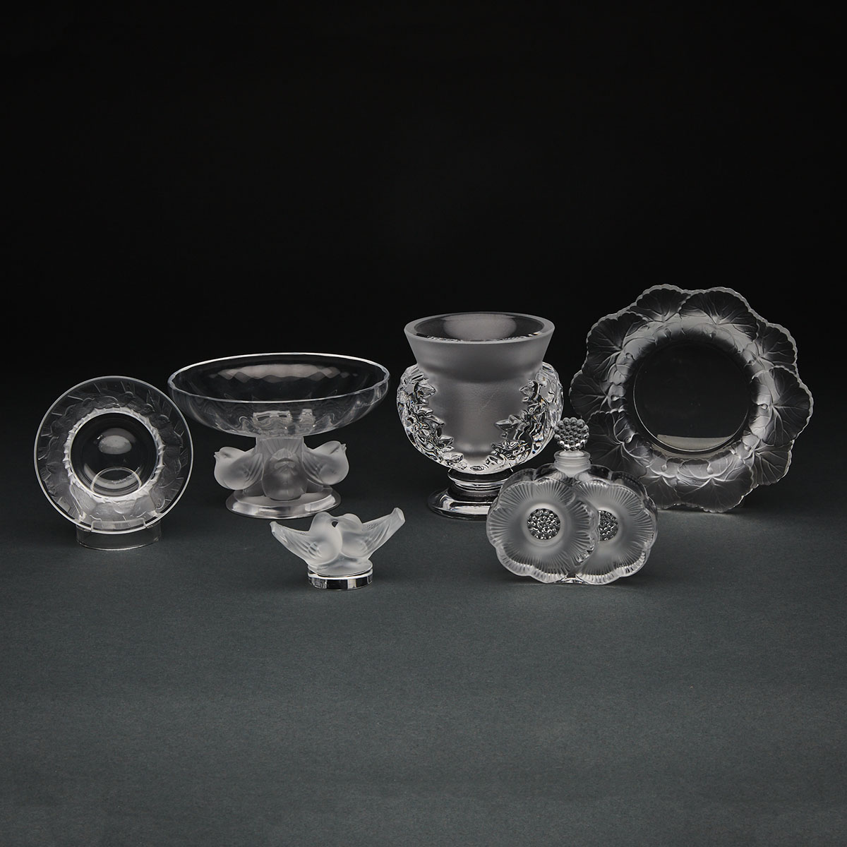 Group of Lalique Moulded and Frosted Glass Objects, post-1945