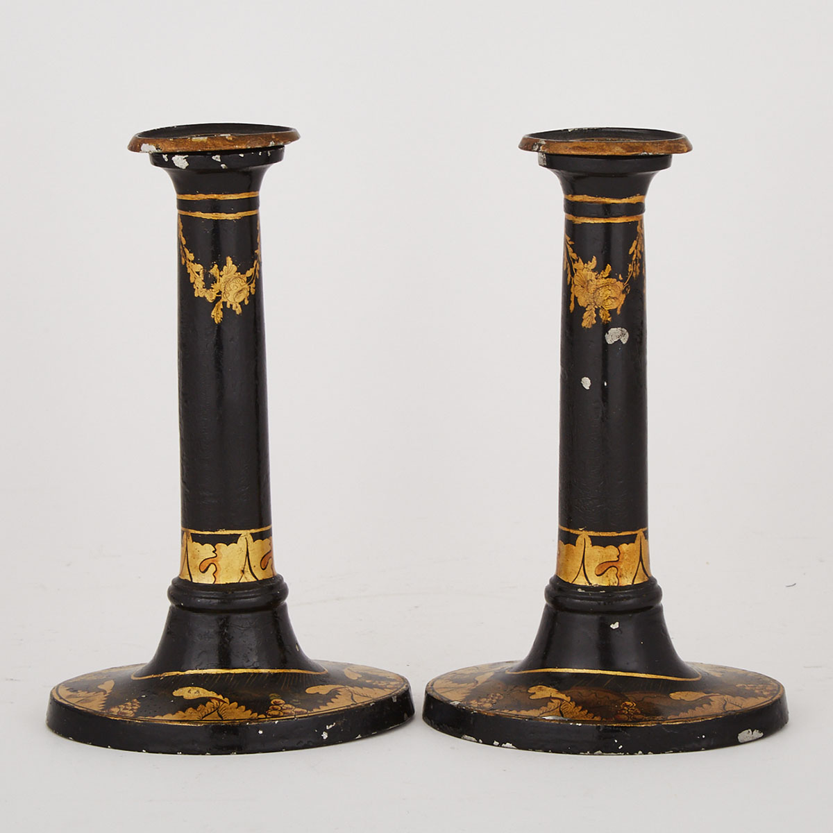Pair of Victorian Black Lacquered and Gilt Decorated Zinc Candlesticks, mid 19th century