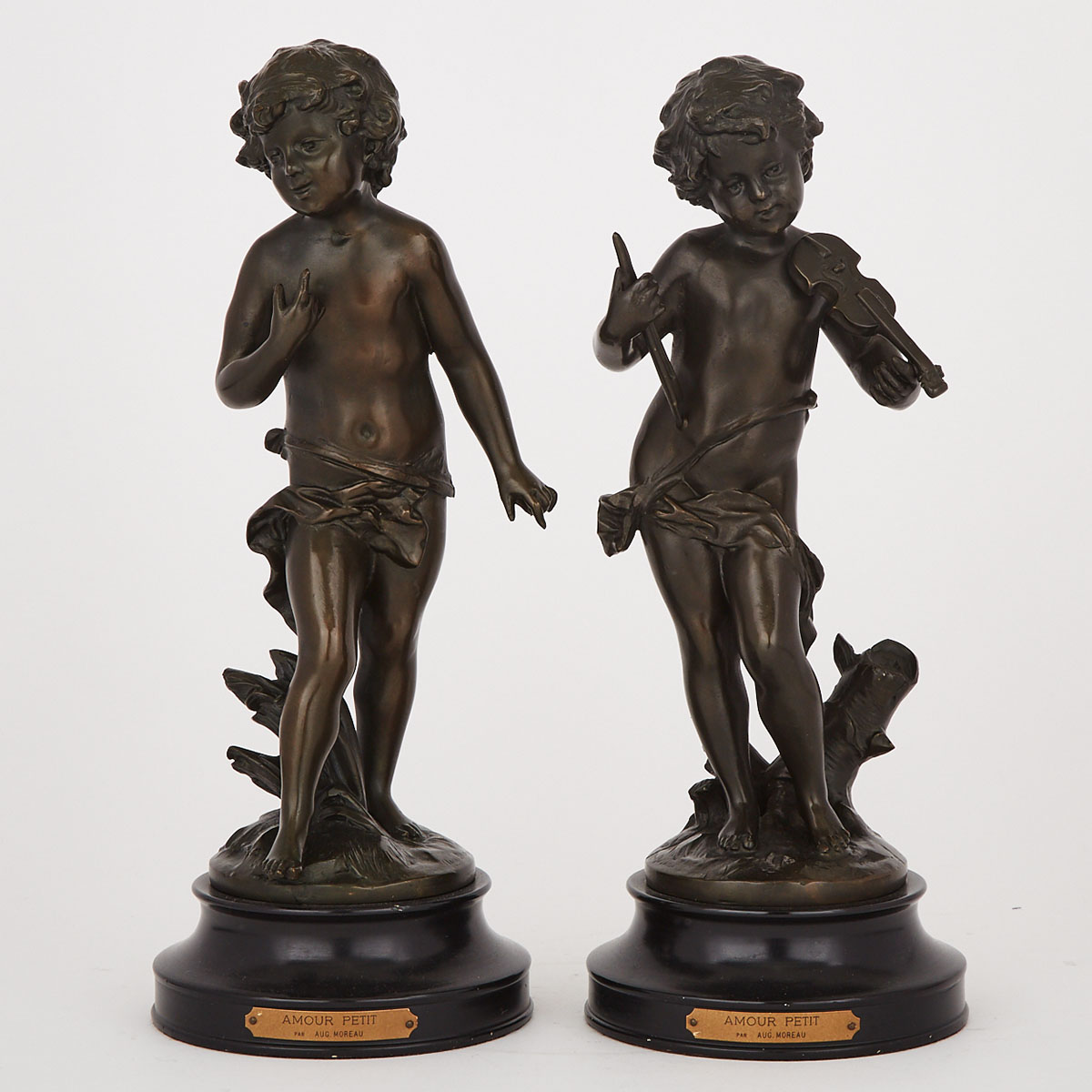 Pair of French Patinated Bronze Cherubic Figures After Moreau, 20th century